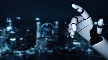 Gelecekçi robot yapay zeka yapay zeka yapay zekayı aydınlatıyor ve makine öğrenme kavramını geliştiriyor. İnsan hayatının geleceği için küresel robot biyonik bilim araştırması. 3B görüntüleme grafiği.