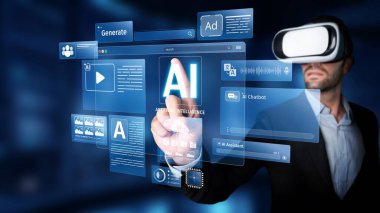 A man engages with an advanced virtual reality experience, interacting with artificial intelligence displays. This futuristic setting showcases cutting-edge technology and digital innovation. Raster