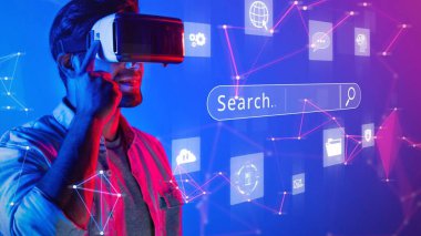 A young man explores an immersive virtual reality world with a futuristic interface and vibrant neon colors. Experience digital innovation and technology. Raster