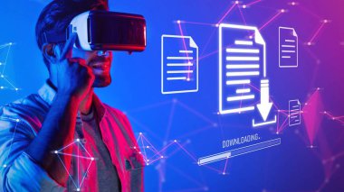 A man experiences virtual reality in a vibrant environment featuring a downloading symbol and digital files, illustrating the fusion of technology and creativity. Raster