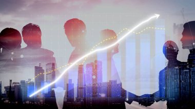 A striking visual of business professionals engaged in collaboration with a city skyline and financial growth graphs, illustrating success and innovation in corporate settings. Copula