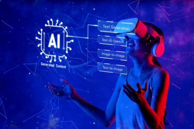 A woman engages with generative AI technology in a virtual reality setting, showcasing the intersection of creativity and innovation in digital experiences. XDMCP