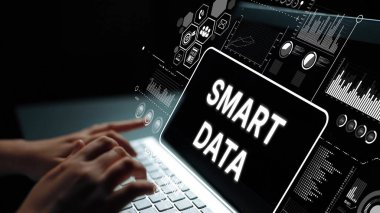 Hands Typing on Laptop with Graphical Data Visualization Representations and Smart Data Concept. Asymptotic smart data analytic.