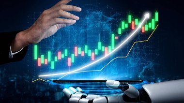 A human hand reaches toward a digital screen that shows financial growth, accompanied by a robotic hand, representing the fusion of technology and finance. Copula