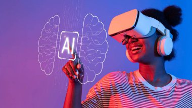 A young woman joyfully interacts with a virtual reality headset, exploring AI technologies in a vibrant and colorful environment, showcasing innovation and creativity in tech. Raster