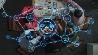 A diverse team engages in a brainstorming session in a modern office, leveraging artificial intelligence concepts for innovative ideas and enhanced collaboration. Raster