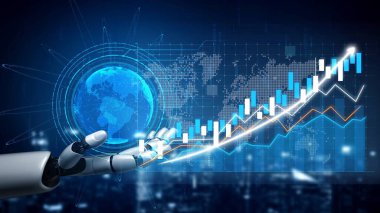 A robotic hand engages with a vibrant digital interface showcasing financial growth, global interconnectedness, and advanced analytics, symbolizing innovation. Copula