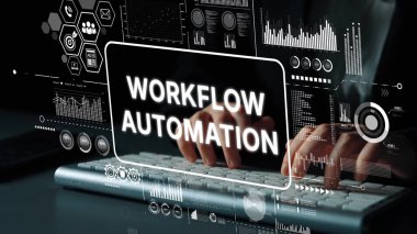 Görsel Veri Analizi Grafik Arkaplanı olarak gösterilen Çalışma Akışı Otomasyon Konsepti ile Eller Klavyede Yazıyor. Asemptotik akıllı veri analitiği.