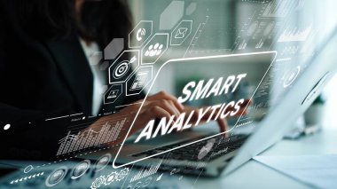 Business Professional Engaging in Smart Analytics with Laptop and Digital Interface Technology. Asymptotic smart data analytic.