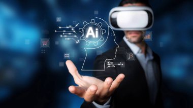 A businessman wearing a virtual reality headset engages with artificial intelligence elements, illustrating the blend of technology and modern business concepts in a digital age. Raster