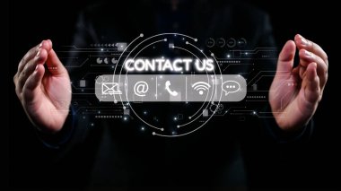 Two hands elegantly present a digital interface featuring various contact icons, emphasizing modern communication methods for businesses and services. Qubit