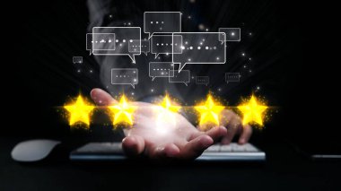 A hand emerges from shadows, reaching for glowing stars and speech bubbles, symbolizing customer feedback and satisfaction in a digital landscape, conveying business success. Qubit