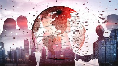 This striking image combines silhouettes of professionals with a digital globe, representing global business dynamics and the interconnected modern economy. Xenic