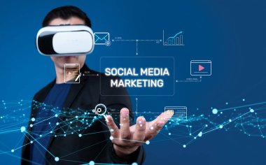 A professional utilizing virtual reality technology to enhance social media marketing strategies through data analytics and creative online content promotion. XDMCP