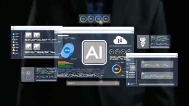 Modern bir iş ortamında birden fazla ekranda yapay zeka analizlerini gösteren gösterişli bir dijital ekran, veri analizi ve karar verme sürecindeki teknoloji rolünü vurguluyor. Dörtgen