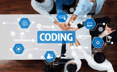 A diverse team engages in a collaborative coding session, surrounded by digital elements that emphasize concepts like testing, data structure, and efficient workflow processes. Amity