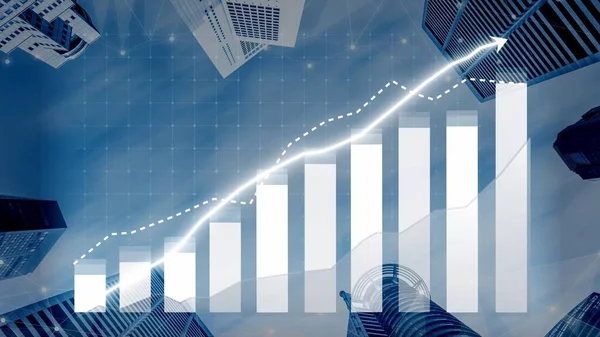 A dynamic illustration of urban business growth, showcasing skyscrapers and a rising graph symbolizing financial progress in a modern market environment. Copula