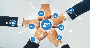 This image showcases a collaborative effort in digital marketing, with hands joining together around network icons symbolizing innovation, strategy, and business growth. Amity