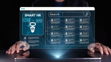 Yapay zekaya sahip akıllı bir İK yönetim sistemini ve verimli çalışan veri yönetimi için gelişmiş bir arama arayüzünü tasvir eden modern bir kavram. Dörtgen