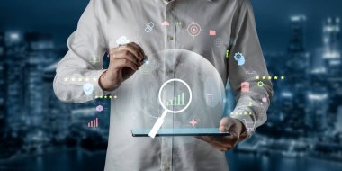 A concept of global market analysis and e-commerce business growth. Researching worldwide trends, sales data, and customer ratings for success. Motif