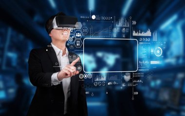 A business professional uses virtual reality technology to enhance data analytics and marketing strategy within a modern workspace, showcasing a fusion of innovation and engagement. XDMCP