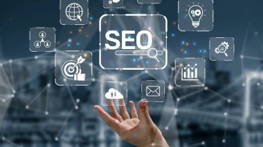 SEO görünürlüğünü geliştirmek için SEO konsepti, SEO ile ilgili dijital araçlar ve SEO performans simgeleri stratejik pazarlama için odaklanmış bir planda gösteriliyor. Muxer