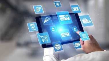 Digital gift card icons show e-commerce, payment, and digital gift card redemption. Digital gift card supports online shopping, secure payment, and customer loyalty programs. Gist