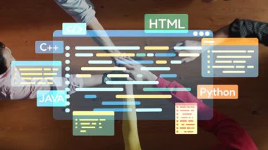 A dynamic workspace shows hands reaching towards colorful code snippets on a digital screen featuring various programming languages like HTML, , and . Raster