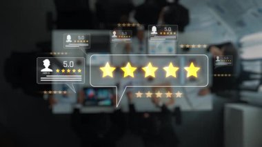 A contemporary business meeting scene captures digital star ratings and feedback graphics, emphasizing the significance of customer satisfaction in professional environments. Raster