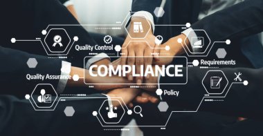 A compelling scene showcasing hands joining together to symbolize collaboration within compliance processes, featuring icons representing quality control and assurance principles in business. Amity