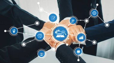 A dynamic image showcasing teamwork and digital strategy through intertwined hands and interconnected icons, symbolizing collaboration, growth, and modern technology in the business world. Amity