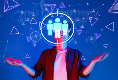 Müşteri segmentasyonu ve dijital teknoloji yoluyla hedef alan, etkili pazarlama araştırmaları ve analizleri destekleyen bir iş stratejisini gösteren kavramsal bir görüntü. XDMCP