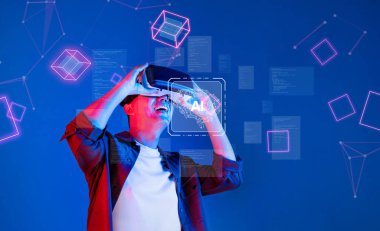 Üretken yapay zeka kavramları ve programlama teknikleri sergileyen, yenilikleri ve teknolojideki kullanıcı etkileşimini vurgulayan sanal gerçeklik deneyimine dalmış bir kişi. XDMCP