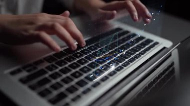 A close-up of a person hands typing on a laptop keyboard with a financial growth graph overlay, representing progress, data analytics, and modern business technology. Copula