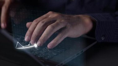 A businessperson engages with a digital tablet showcasing financial growth trends. Graphs and currency symbols highlight the importance of investment analysis. Copula