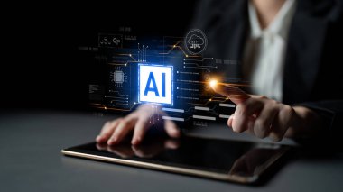 Yapay zeka teknolojisi dijital devre bağlantılarıyla sunulur, yapay zeka sistemlerini sembolize eder, işleme gücünü ve modern dijital platformlara entegrasyonu simgeler.