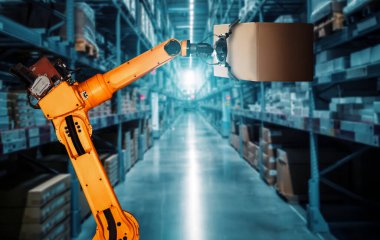 Yenilikçi depo ve fabrika dijital teknolojisi için akıllı robot kol sistemi. İnternet ağına bağlı IOT yazılımı kullanarak endüstri mühendisliği tarafından kontrol edilen otomasyon üretim robotu .