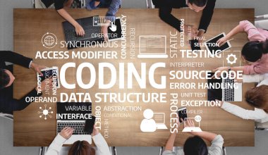 A dynamic top-down view of a vibrant workspace where a diverse group of individuals collaborates on coding and software processes, showcasing modern technology and teamwork. Tessel