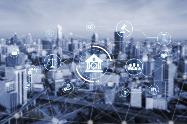 Adalet ölçeğini gösteren fütürist dijital hukuk arayüzü, dijital hukukun altını çizen, AI uyumu, dijital hukuk sistemleri ve güvenli yönetim için dijital hukuk düzenlemeleri. Eğri