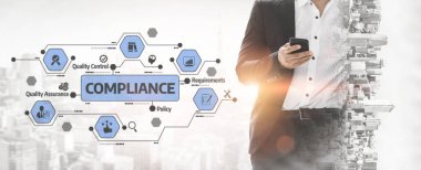 A businessman in a suit holds a smartphone, surrounded by compliance icons that represent quality assurance and policy requirements against a city background. Tessel