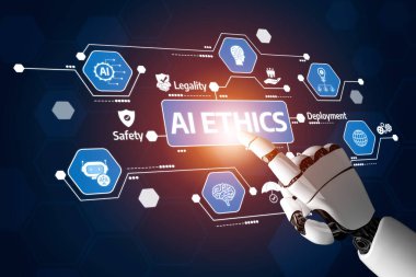 This digital illustration captures the essence of AI ethics, featuring a robotic hand interacting with graphic elements representing safety, legality, and deployment principles. Tessel