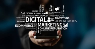 Explore the vital elements of digital marketing through this visually engaging image depicting a smartphone and a variety of related keywords. Perfect for marketing professionals. Tessel