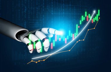 A robotic hand engages with financial graphs displaying stock market trends, showcasing the integration of technology and finance in a digital landscape. Impute