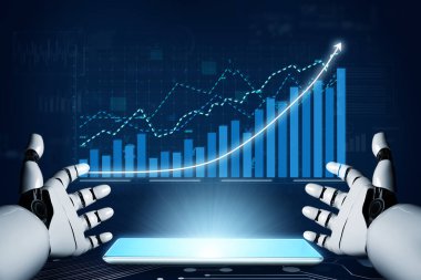 Futuristic robotic hands engaged with a touchscreen display show digital graphs and data visualizations, representing progress in technology and analytics. Impute