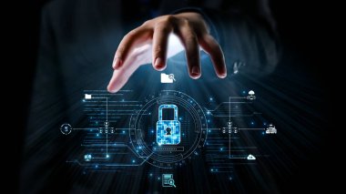 A hand reaches towards a glowing padlock symbolizing digital security, surrounded by icons depicting data protection and technology to emphasize cybersecurity importance. Qubit