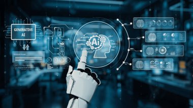 Bir robot el, yüksek teknoloji laboratuvarında gelişmiş bir üretici yapay zeka arayüzü ile etkileşime girer ve modern bir ortamda teknoloji ve yaratıcılığın füzyonunu gösterir. Auvana