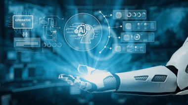 Fütürist bir robotik kol, üretken yapay zekayı sembolize eden dijital arayüzleri sergiliyor. Bu görüntü yenilikleri ve teknolojik gelişmeleri temsil ediyor. Auvana