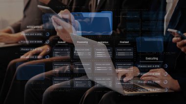 Modern business professionals engage with digital devices in a collaborative environment. The image illustrates workflow management and data processing effectively. Raster
