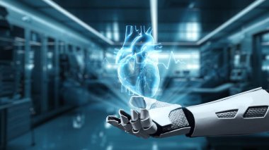 Bulanık laboratuvar geçmişi olan kalp hologramını gösteren robot eli kapat ve tıkırdat. Robot el kalp ikonuna tıklayarak semptomları analiz ediyor. Tıbbi teknoloji. Sağlıklı..