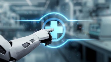 Robotik el işaretini kapat ve bulanık laboratuvar geçmişine sahip çapraz holograma dokun. Tıbbi verilere erişmek ve onları teşhis etmek için robot el tıklaması. Sağlıklı..